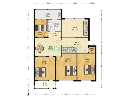 高新区农业银行宿舍 4室3厅1卫 126平方