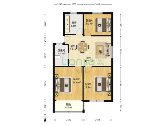罗东小区 3室2厅1卫 85平方