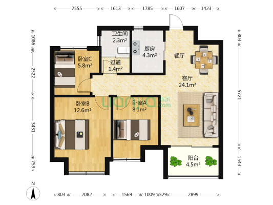 康桥悦城2号院 3室1厅1卫 89平方