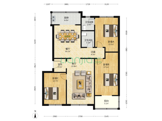 杏林公寓 3室2厅2卫 126平方
