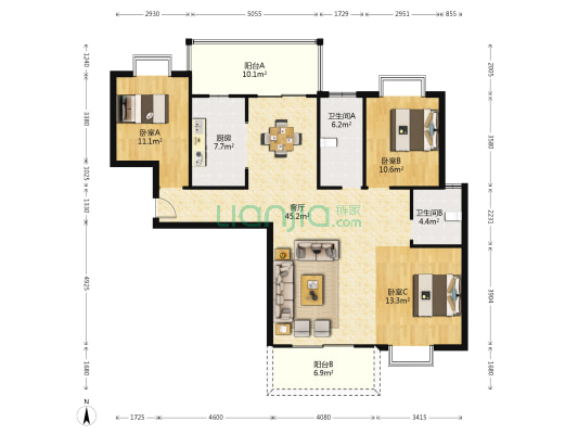 国宇万象巴黎 3室1厅2卫 137平方