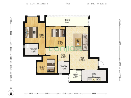 江山云著A区 3室1厅2卫 98平方