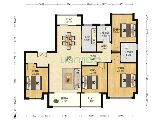 招商雍山湖 4室1厅2卫 143平方