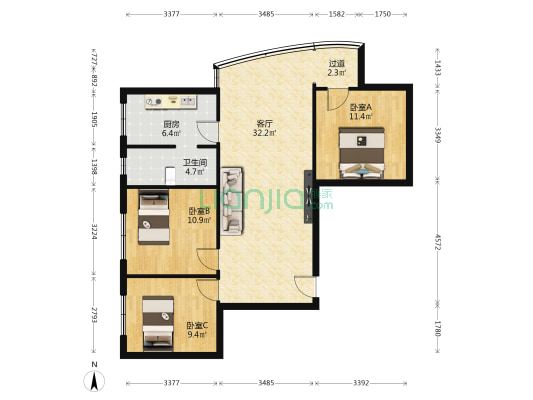 浩泰大厦 3室1厅1卫 94平方