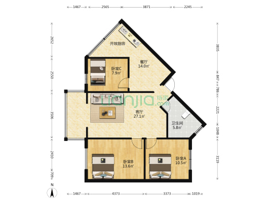 鸿运二期 3室2厅1卫 98平方