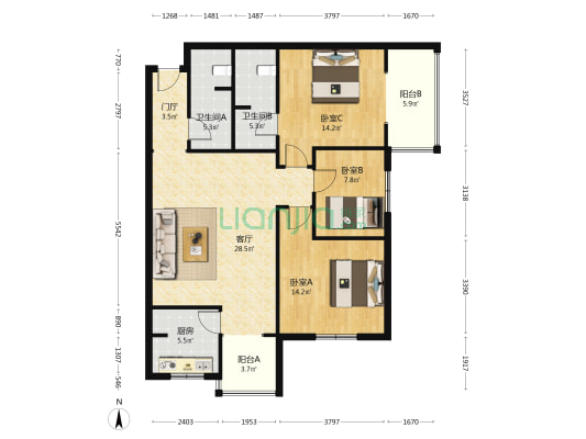 秋林苑 3室1厅2卫 124平方