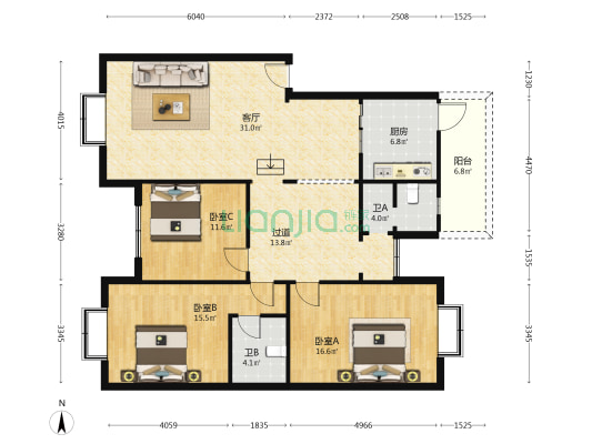 红石一街 3室1厅2卫 131平方