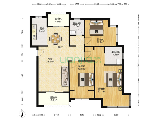 台升悦园 3室1厅2卫 132平方