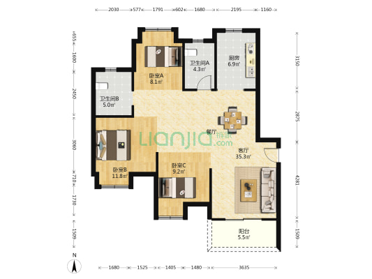中铁阅湖郡 3室1厅2卫 116平方