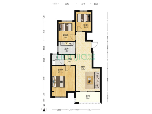 蠡湖国际小镇A区 3室1厅1卫 90平方