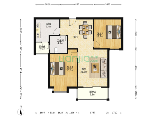 金天地花园 2室1厅1卫 102平方