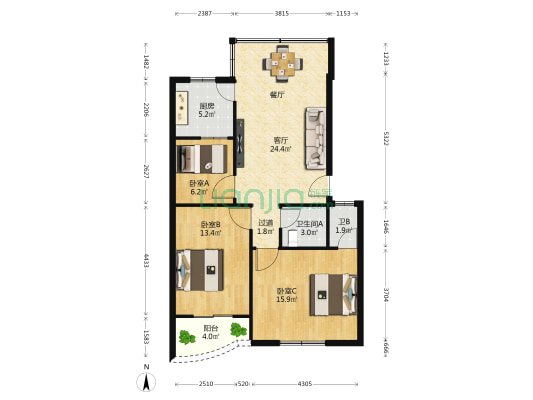 桥东小区 3室1厅2卫 90平方