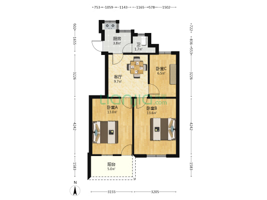 动力机厂 3室1厅1卫 59平方
