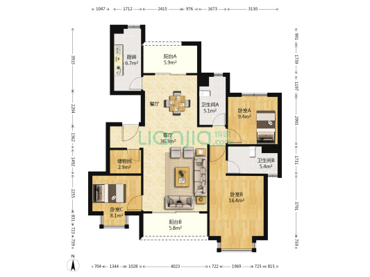 恒大翡翠华庭 3室1厅2卫 130平方