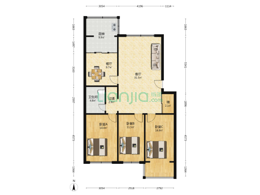 双园小区 3室2厅1卫 130平方