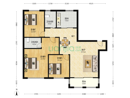 双城苑(西苑) 3室1厅2卫 135平方