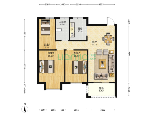 新城华府 3室1厅1卫 106平方