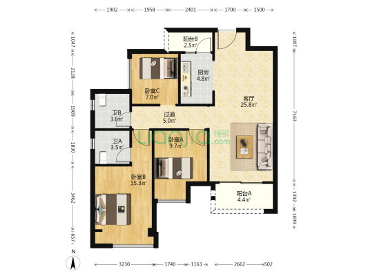 绿地万萃城C组团 3室1厅2卫 103平方