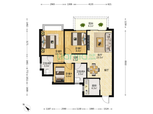 龙光玖珑郡 3室1厅2卫 89平方