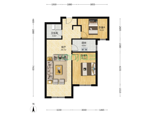 狮子城小区 全南两居 大产权 彩光视野佳-户型图