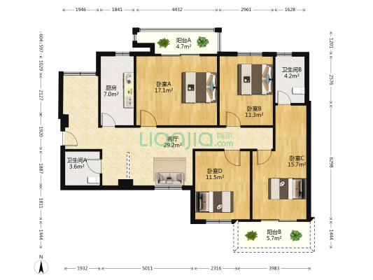 大江天际 4室1厅2卫 130平方