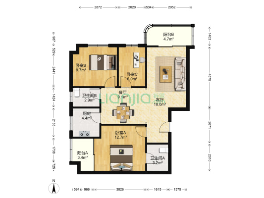 电影大厦 3室2厅2卫 102平方