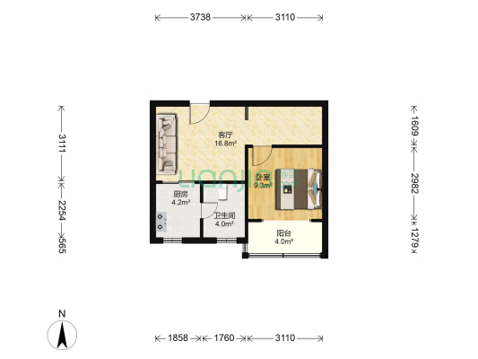 静安新城一区 1室1厅1卫 49平方