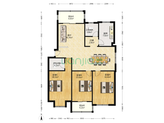 红旗花园 3室1厅2卫 134平方