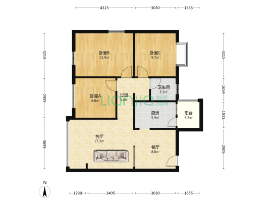 别样幸福城佳仁苑 3室2厅1卫 90平方
