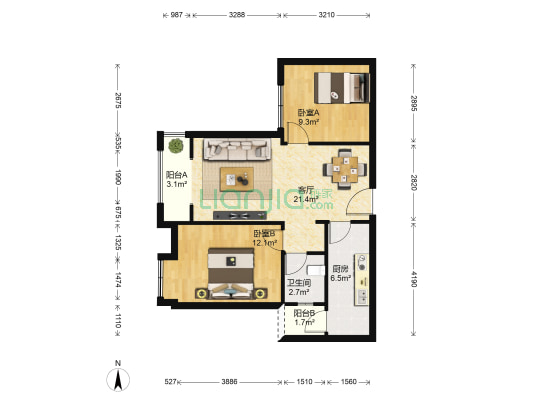 上东阳光艾特公馆 2室1厅1卫 76平方