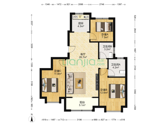 奥克斯泉上文华 3室1厅2卫 113平方