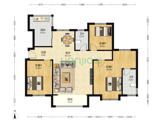 藁城天山熙湖 3室1厅2卫 128平方