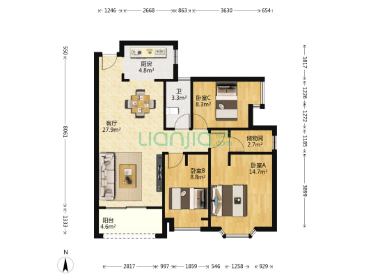 东湖洲花园A区 3室1厅1卫 90平方