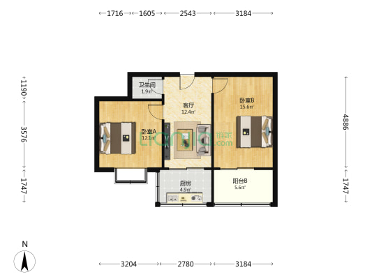 北何花园 2室1厅1卫 57平方