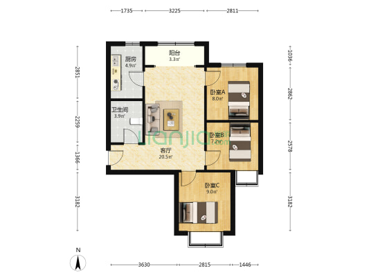 荣兴天成 3室1厅1卫 83平方
