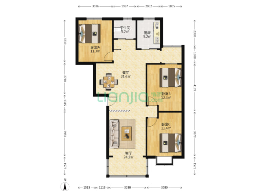 锦城花园小区 3室2厅1卫 106平方