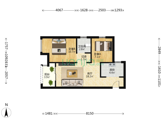 汇泉城10号院 2室1厅1卫 68平方