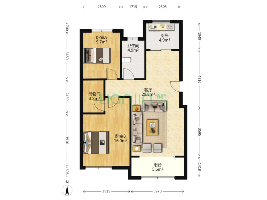 鲁邦奥林逸城西区 2室1厅1卫 113平方