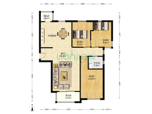 天生赢家 3室1厅1卫 115平方