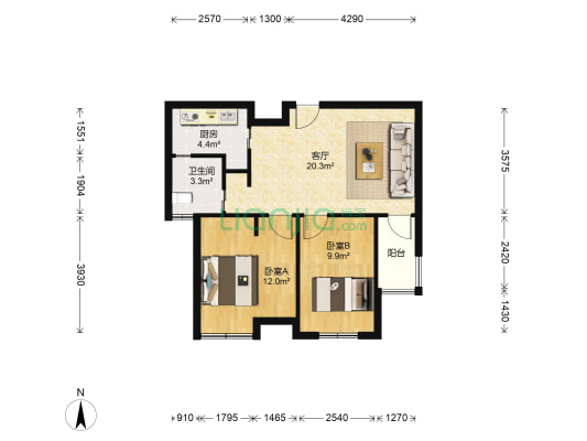 中梁英伦印象(公寓) 2室1厅1卫 65平方