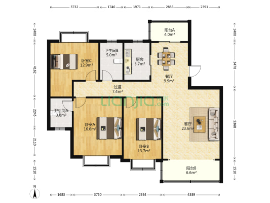 大学春城 3室2厅2卫 136平方