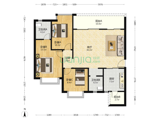 恒大健康城一期B区 3室1厅2卫 119平方
