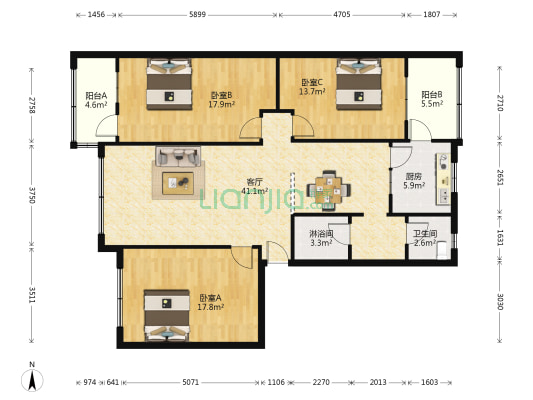 灵犀花园 3室1厅2卫 132平方