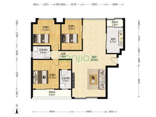 东晟明珠花园 3室1厅2卫 138平方