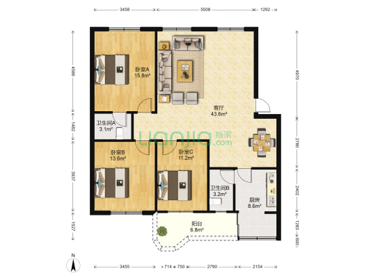 广厦花园 3室1厅2卫 118平方