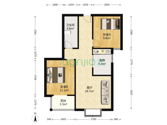 联合七号院      全南两居       精装-户型图