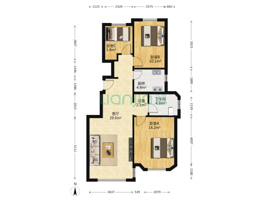 西山艺境高家园东街1号院 3室1厅1卫 92平方