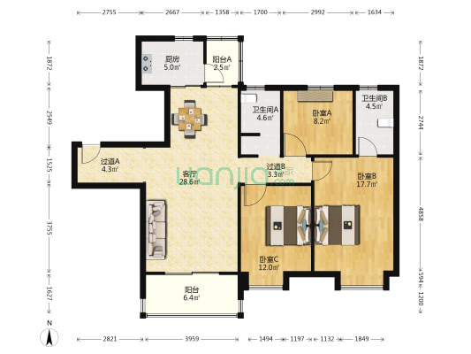 襄阳碧桂园柏林 3室1厅2卫 129平方
