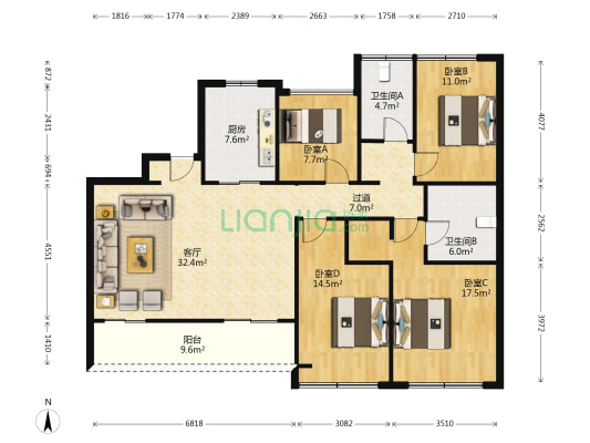 花语天境府 4室1厅2卫 148平方