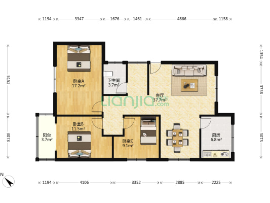 大羽花园 3室1厅1卫 113平方